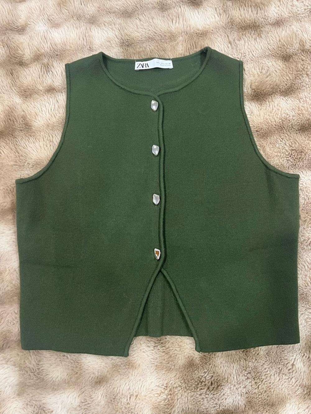 Zara Dark Olive Green Knit Sleeveless Top with Button Trim
